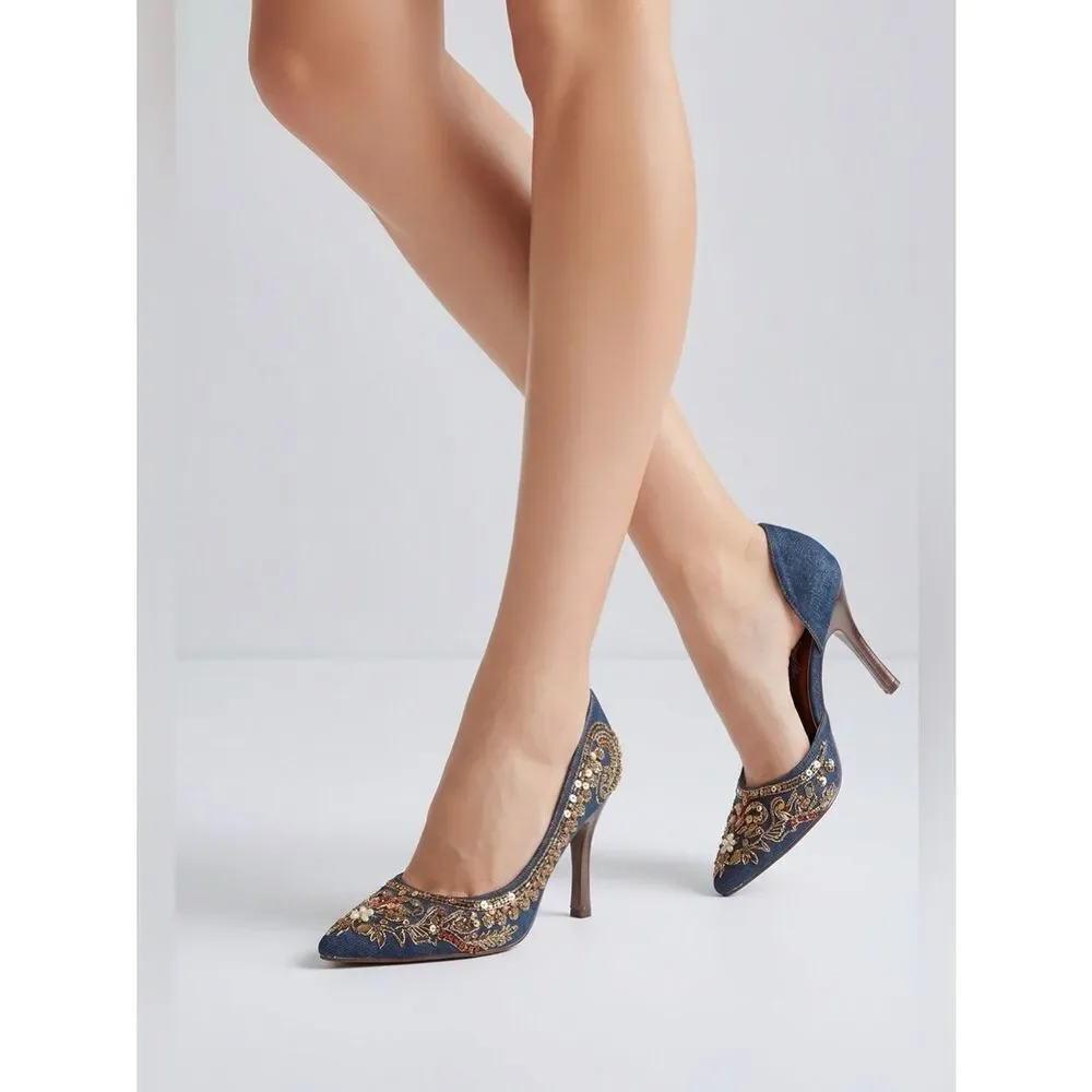 DENIM ANNE MICHELLE BEADED STACKED HEEL SIZE 6.5